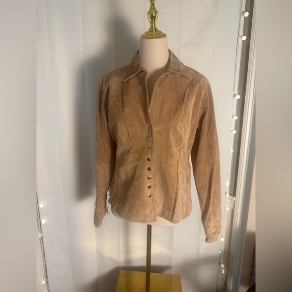 Vintage Y2K Coldwater Creek 100% Leather Jacket Tan Camel Snap Front Size M - Picture 8 of 8